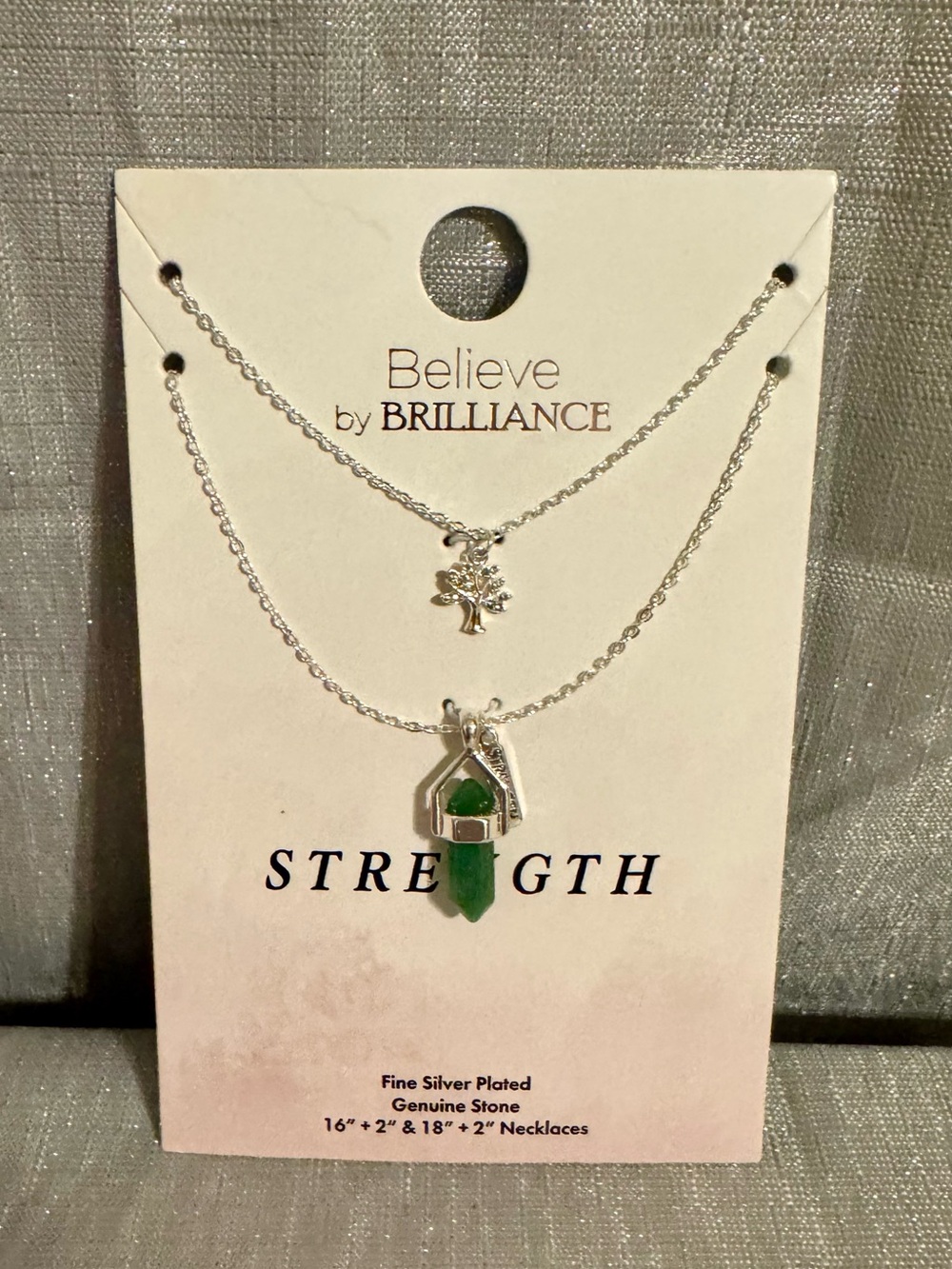 Silver Plated Green Aventurine "Family" Tree Layer Necklace Stone Strength